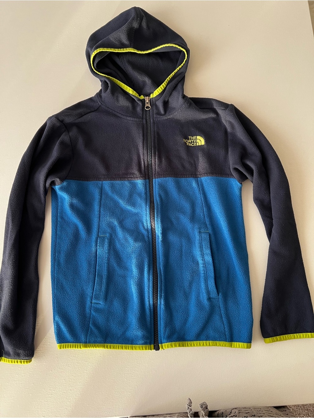 The North Face Kids Navy, Blue & Neon Yellow Hooded Fleece Jacket